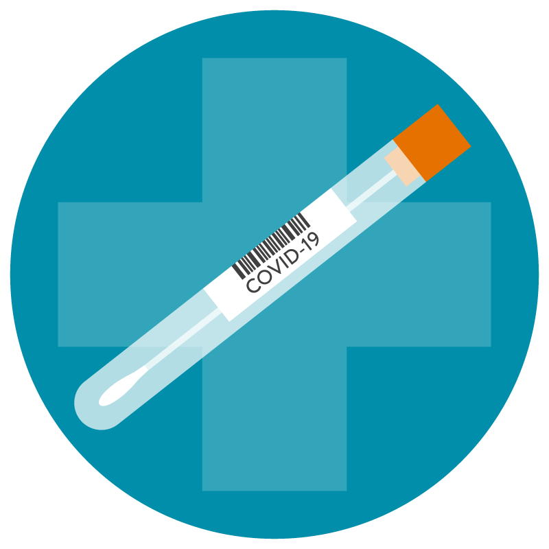 A vector drawing of a test tube, ;abeled 'COVID-19', over a blue circle with a blue cross